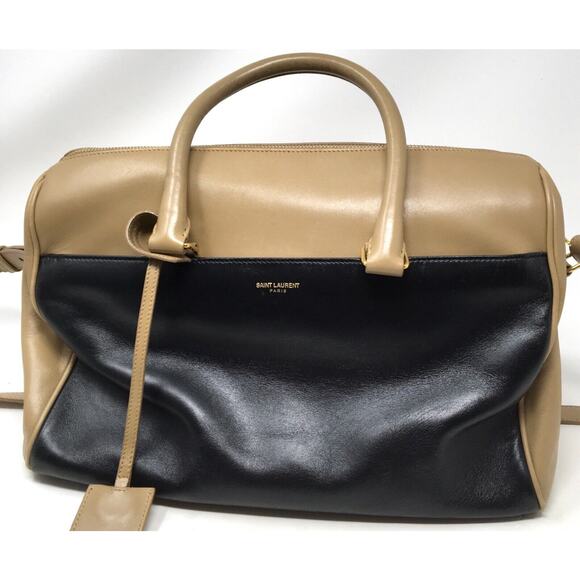 YSL Saint Laurent Classic Duffle 6 Black & Tan Leather Shoulder Handbag Purse - Picture 1 of 9